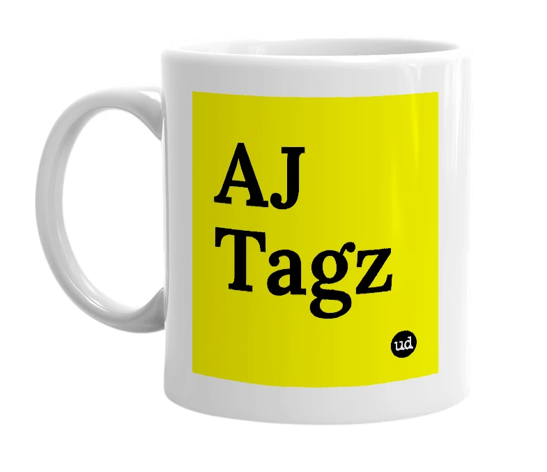 White mug with 'AJ Tagz' in bold black letters