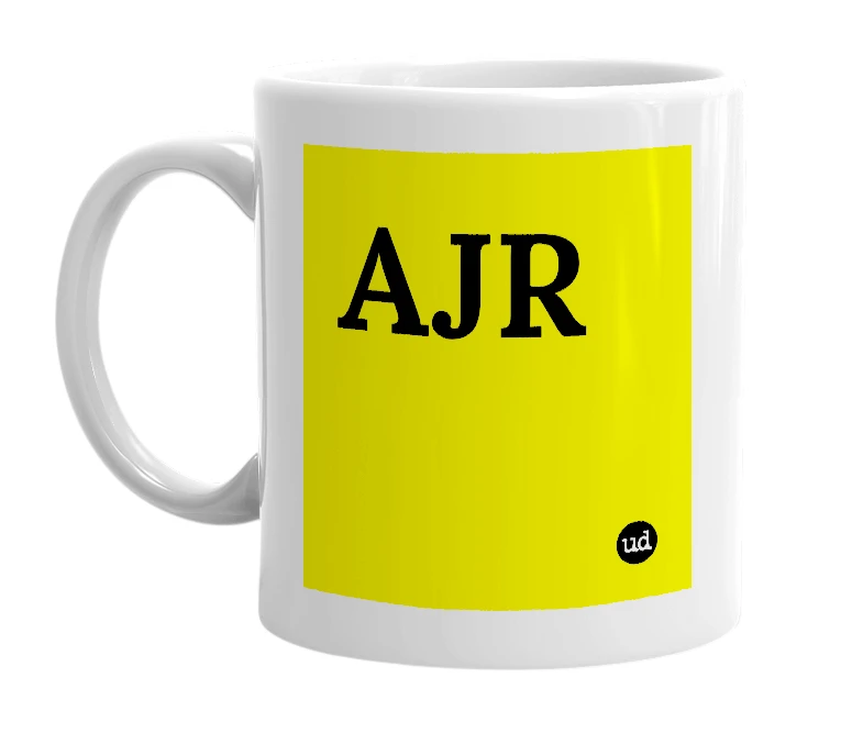 White mug with 'AJR' in bold black letters