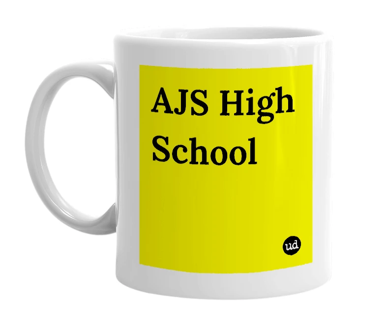 White mug with 'AJS High School' in bold black letters