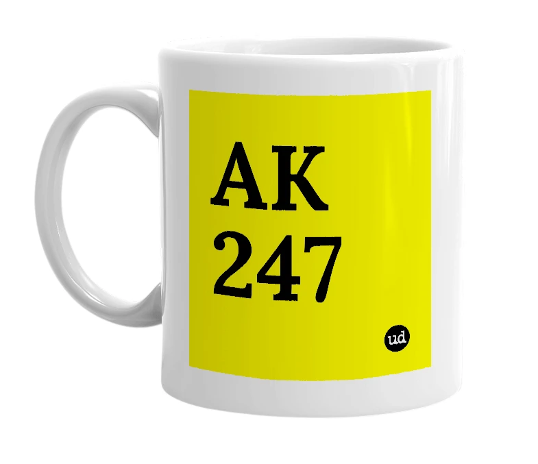 White mug with 'AK 247' in bold black letters