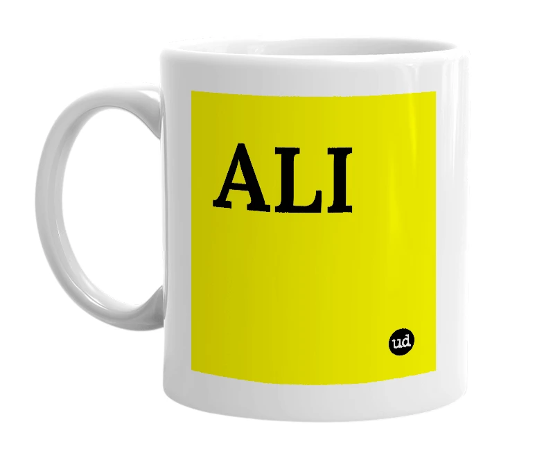 White mug with 'ALI' in bold black letters