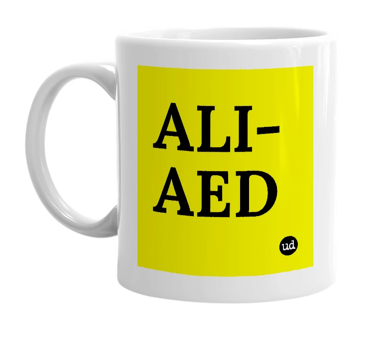 White mug with 'ALI-AED' in bold black letters