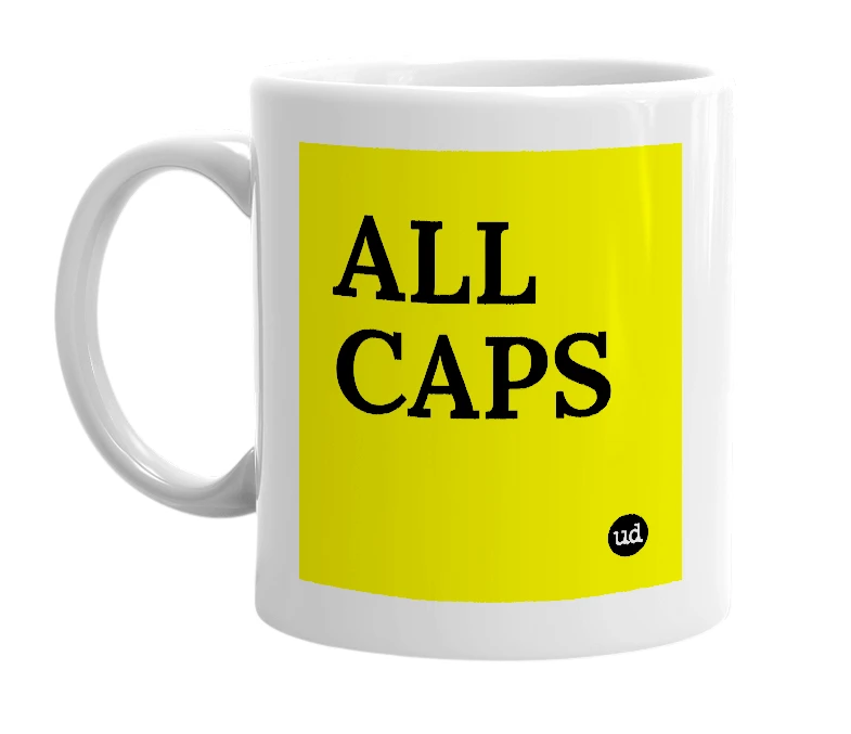 White mug with 'ALL CAPS' in bold black letters