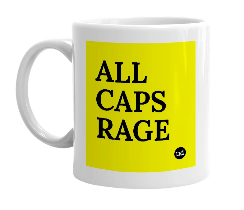 White mug with 'ALL CAPS RAGE' in bold black letters