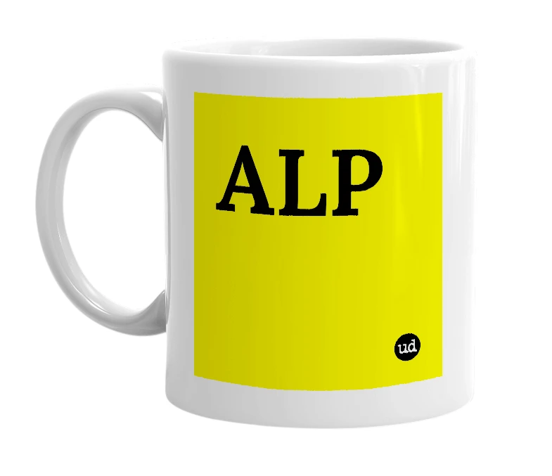 White mug with 'ALP' in bold black letters