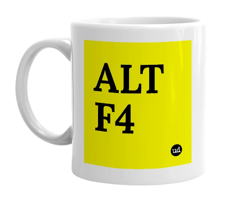 White mug with 'ALT F4' in bold black letters