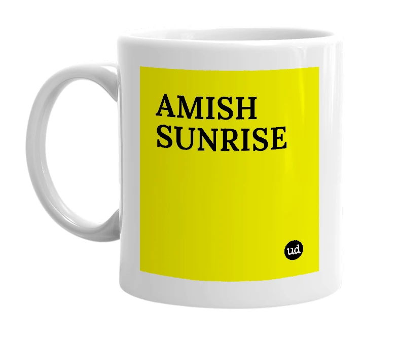 White mug with 'AMISH SUNRISE' in bold black letters