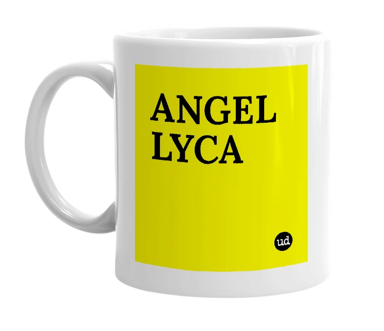 White mug with 'ANGEL LYCA' in bold black letters