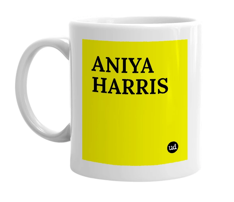 White mug with 'ANIYA HARRIS' in bold black letters