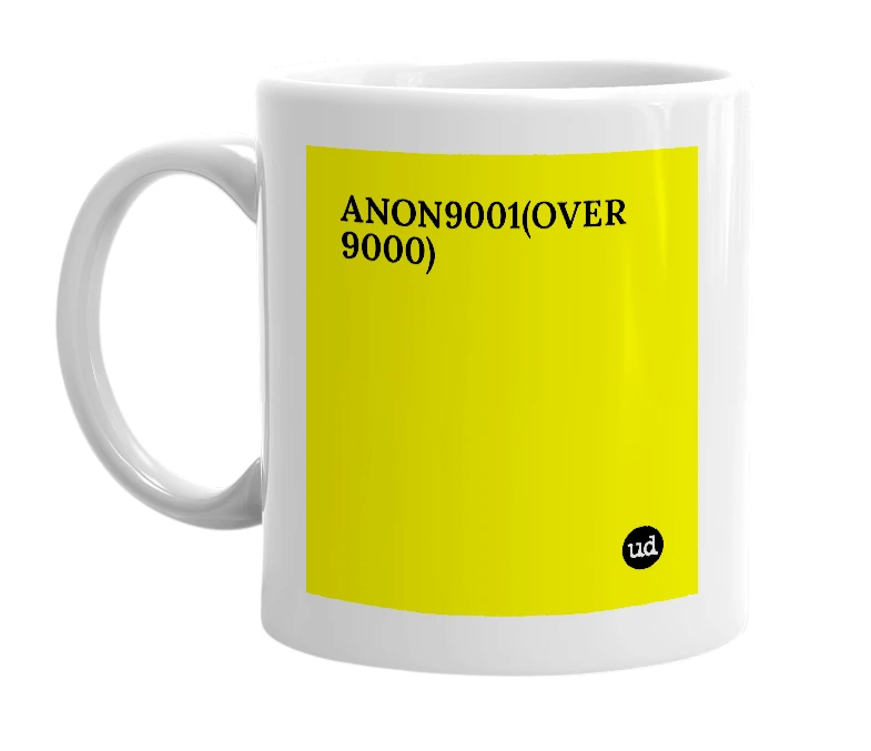 White mug with 'ANON9001(OVER 9000)' in bold black letters