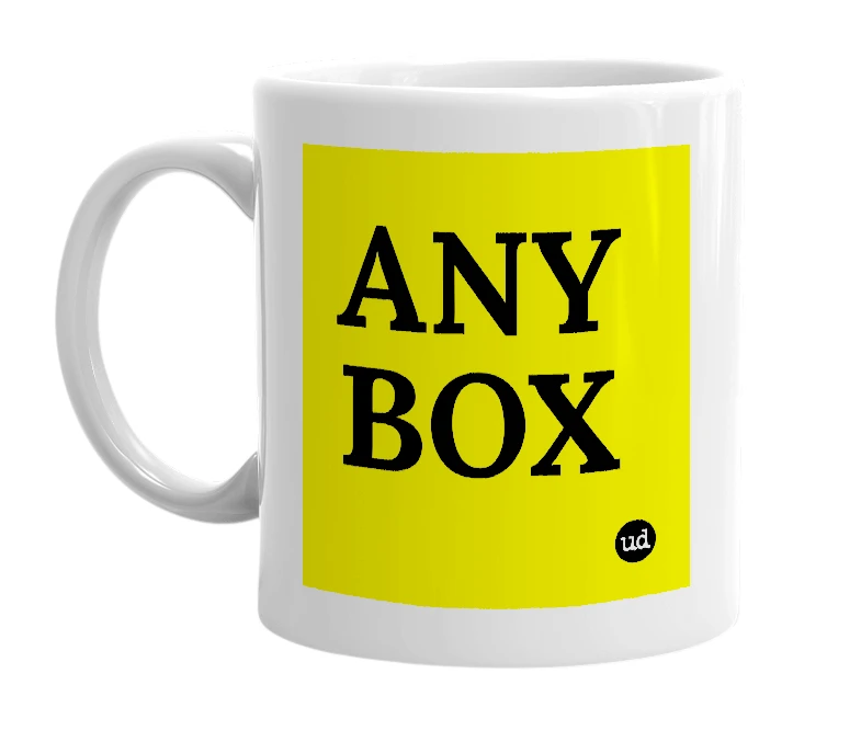 White mug with 'ANY BOX' in bold black letters