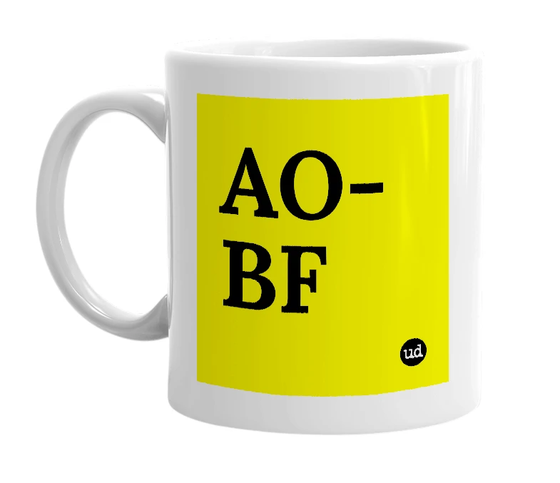 White mug with 'AO-BF' in bold black letters