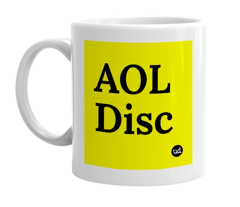 White mug with 'AOL Disc' in bold black letters