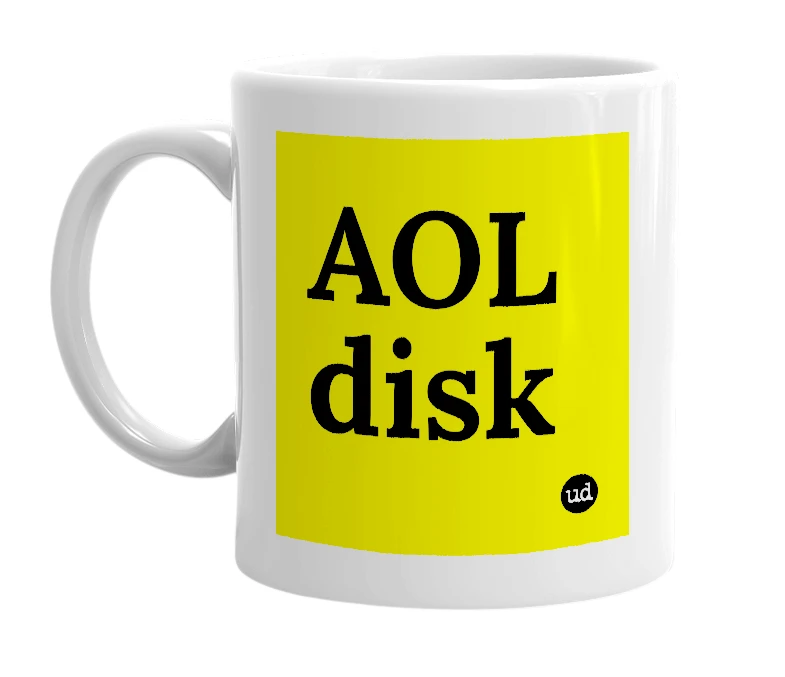 White mug with 'AOL disk' in bold black letters