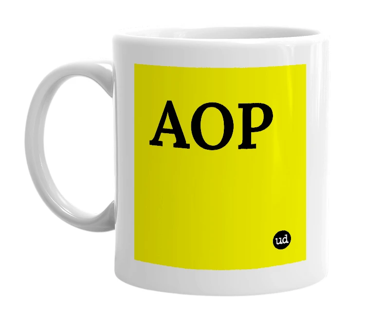 White mug with 'AOP' in bold black letters