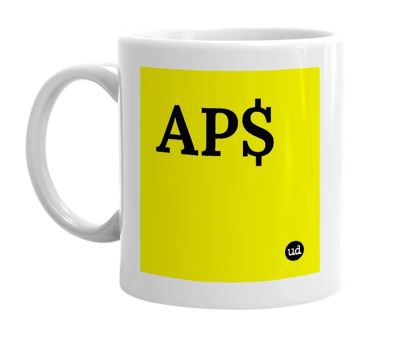 White mug with 'AP$' in bold black letters