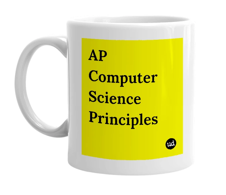White mug with 'AP Computer Science Principles' in bold black letters