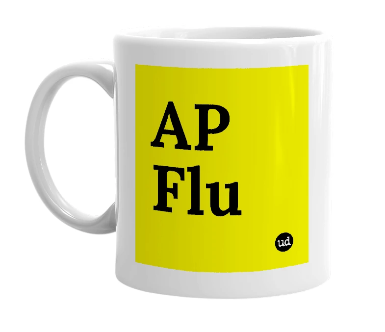 White mug with 'AP Flu' in bold black letters