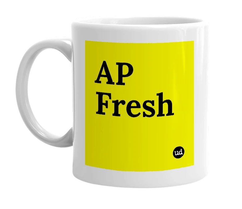 White mug with 'AP Fresh' in bold black letters