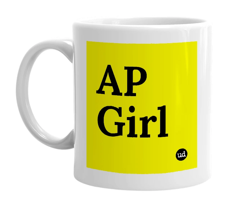 White mug with 'AP Girl' in bold black letters