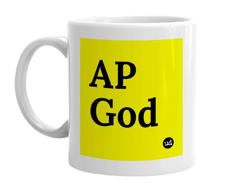 White mug with 'AP God' in bold black letters