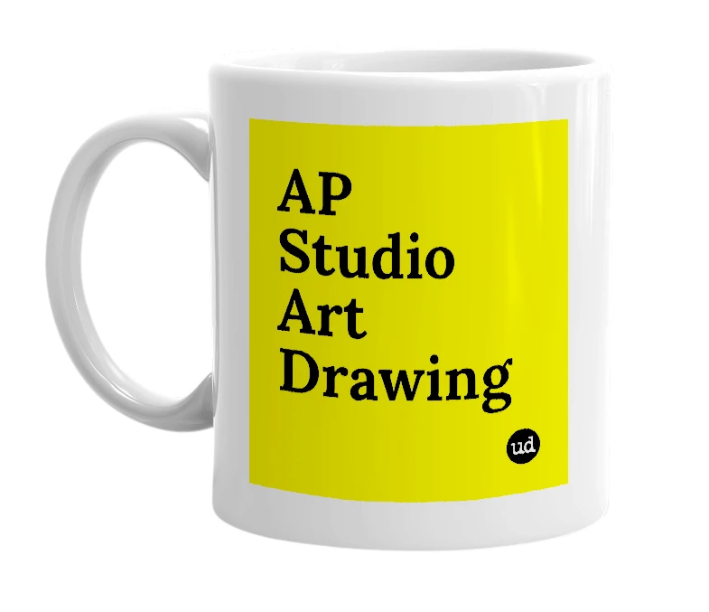 White mug with 'AP Studio Art Drawing' in bold black letters