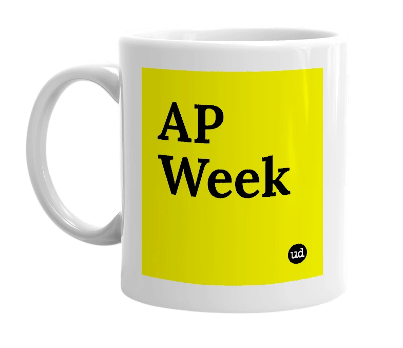 White mug with 'AP Week' in bold black letters