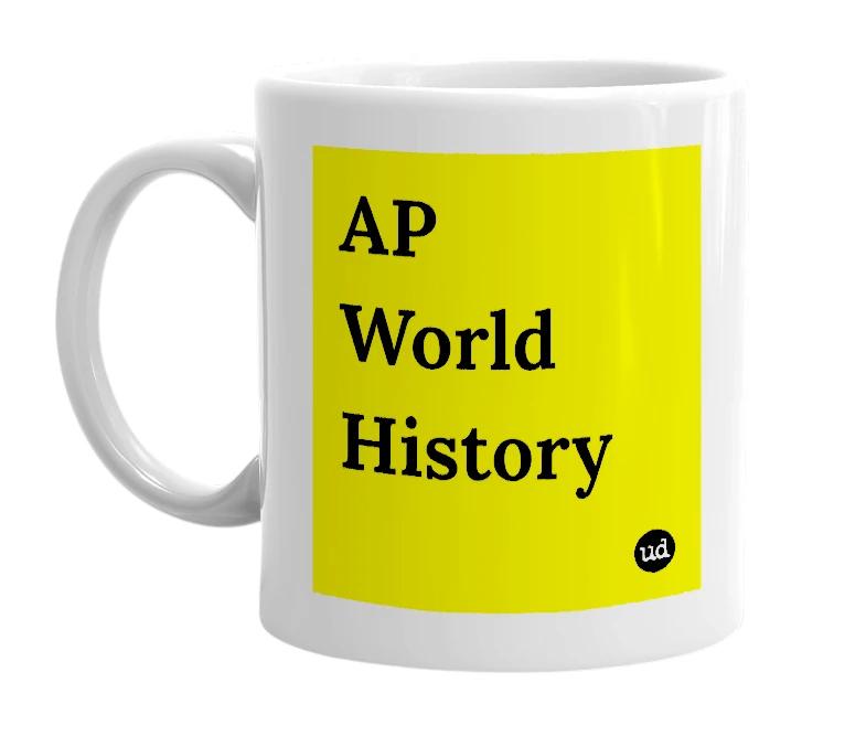 White mug with 'AP World History' in bold black letters