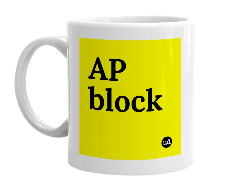 White mug with 'AP block' in bold black letters