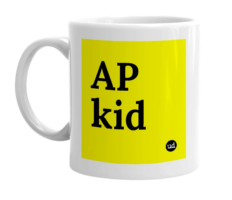 White mug with 'AP kid' in bold black letters
