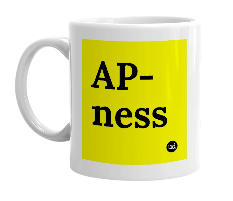 White mug with 'AP-ness' in bold black letters