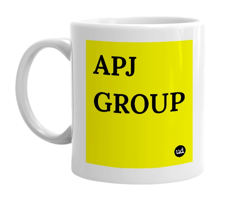 White mug with 'APJ GROUP' in bold black letters