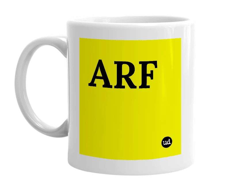 White mug with 'ARF' in bold black letters
