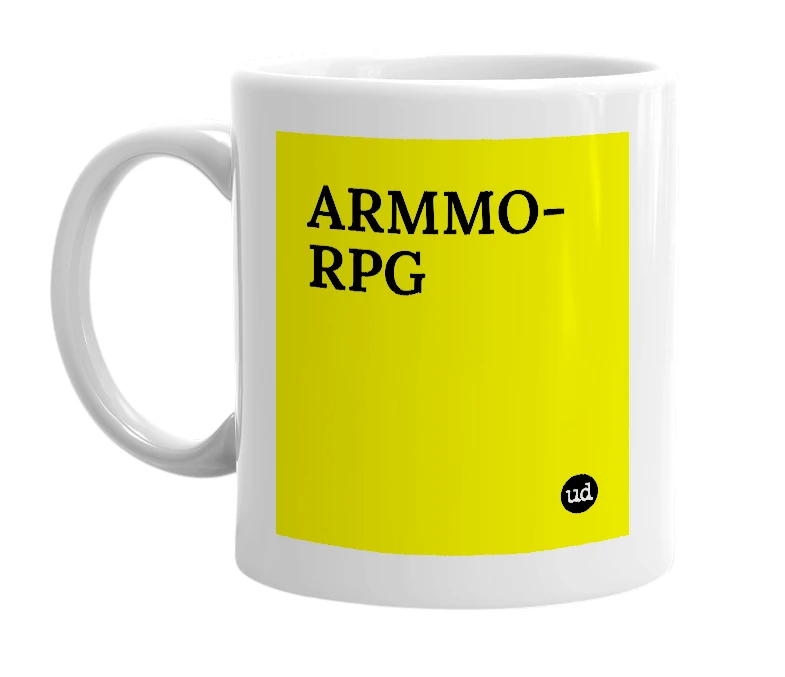 White mug with 'ARMMO-RPG' in bold black letters