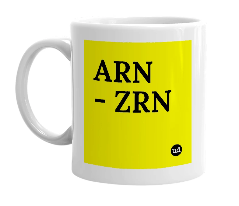 White mug with 'ARN - ZRN' in bold black letters