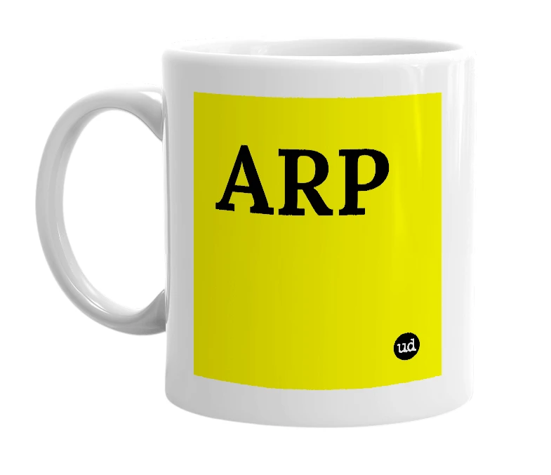 White mug with 'ARP' in bold black letters