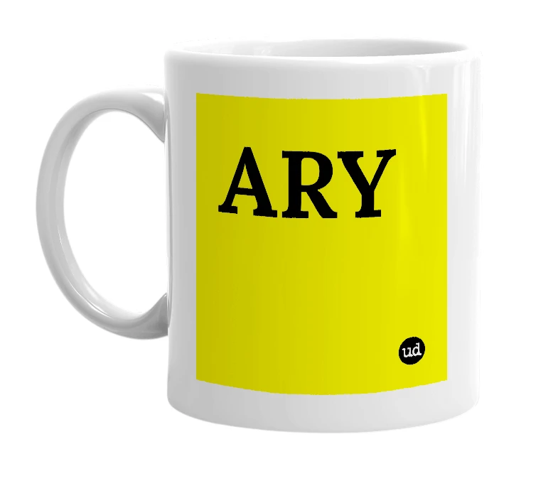 White mug with 'ARY' in bold black letters