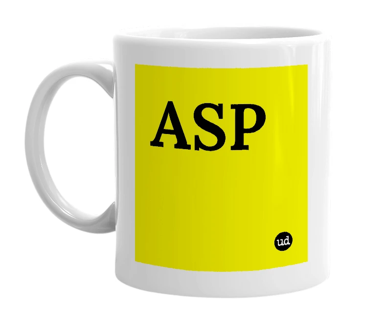 White mug with 'ASP' in bold black letters