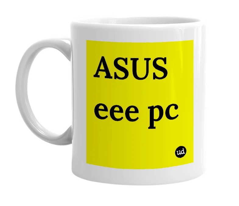 White mug with 'ASUS eee pc' in bold black letters