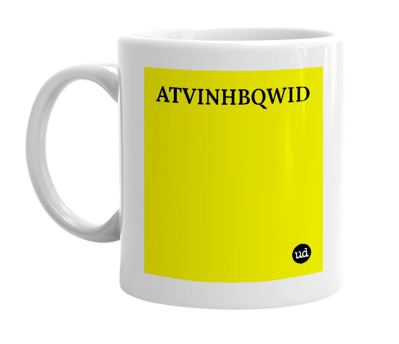 White mug with 'ATVINHBQWID' in bold black letters
