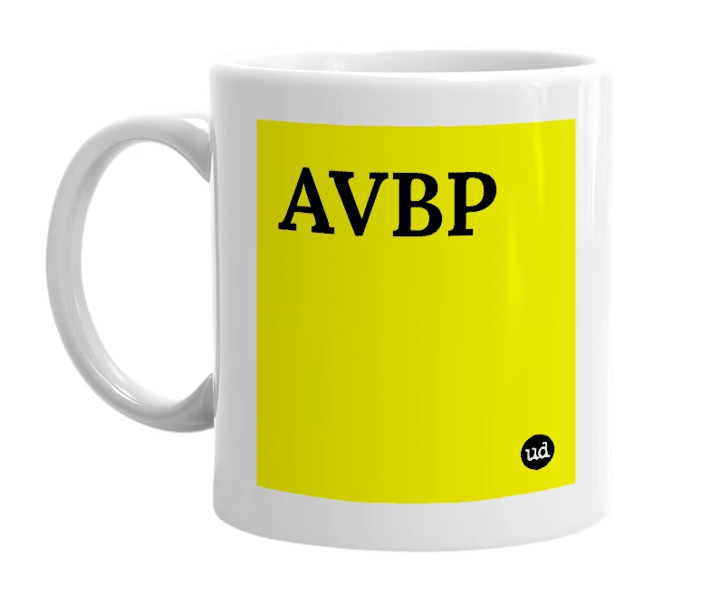 White mug with 'AVBP' in bold black letters