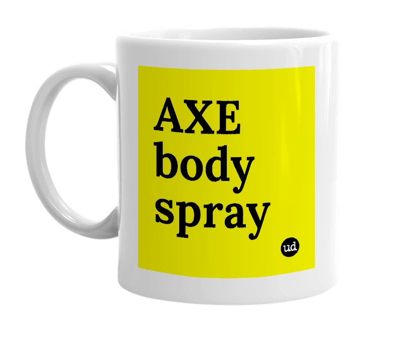 White mug with 'AXE body spray' in bold black letters