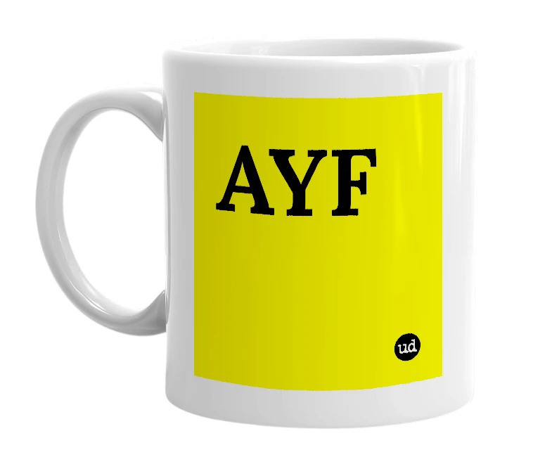 White mug with 'AYF' in bold black letters