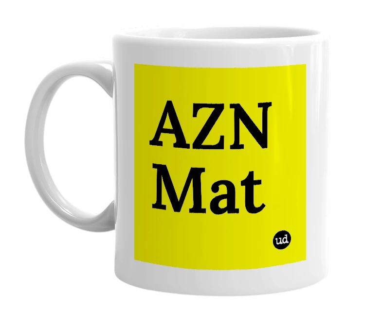 White mug with 'AZN Mat' in bold black letters