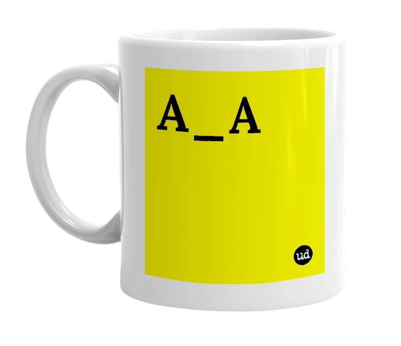 White mug with 'A_A' in bold black letters