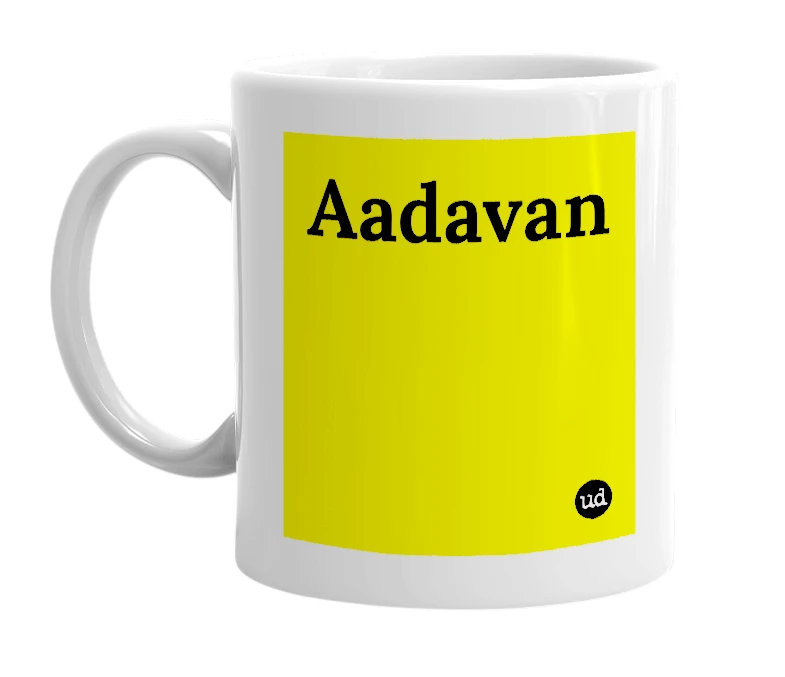 White mug with 'Aadavan' in bold black letters