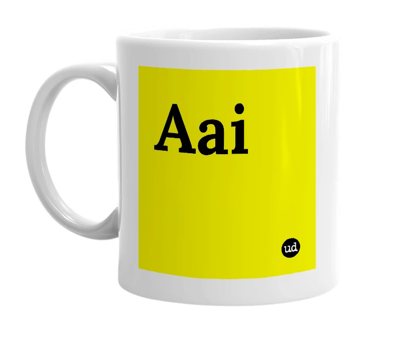 White mug with 'Aai' in bold black letters