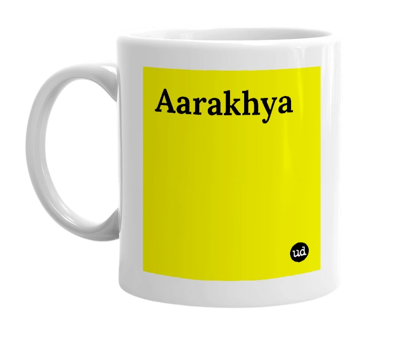 White mug with 'Aarakhya' in bold black letters