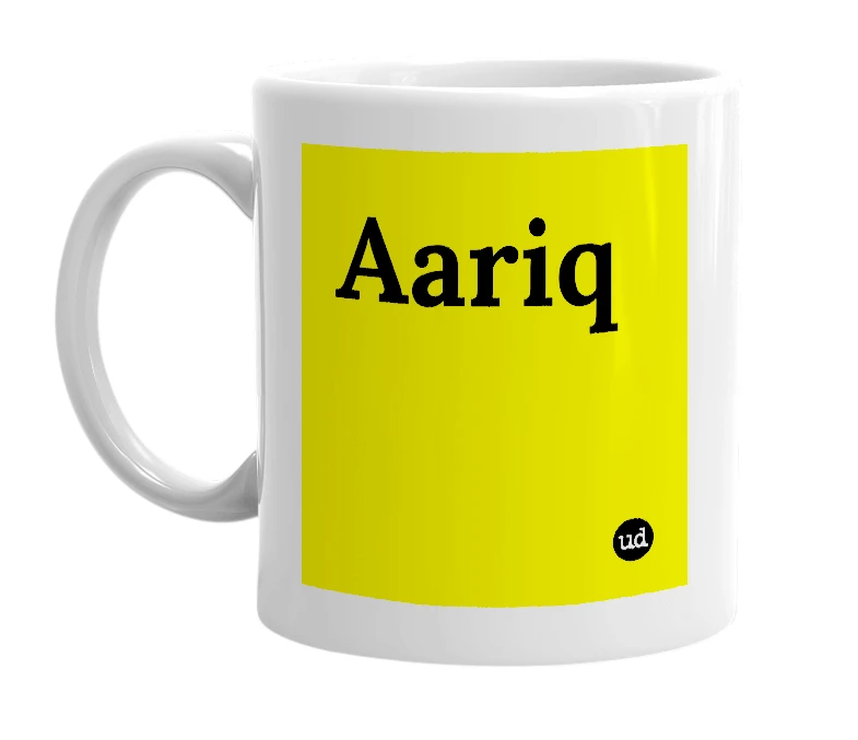 White mug with 'Aariq' in bold black letters