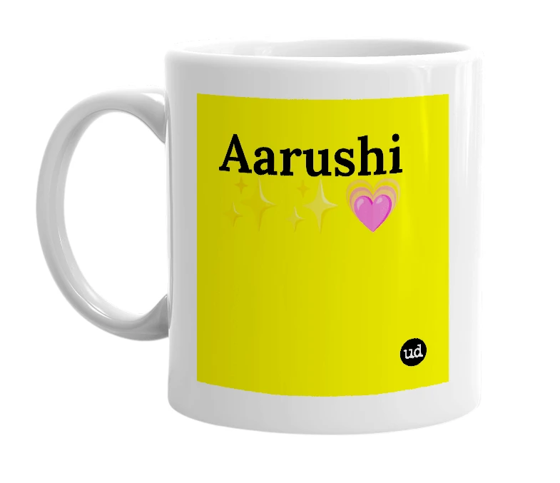 White mug with 'Aarushi ✨✨💗' in bold black letters